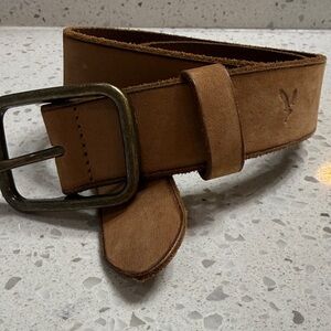 American Eagle Tan Leather Belt SZ S unisex brass tone buckle boho western rodeo